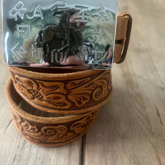 Verkamp’s  western Floral Embossed Tan Leather Belt with Silver Buckle - Picture 15 of 15